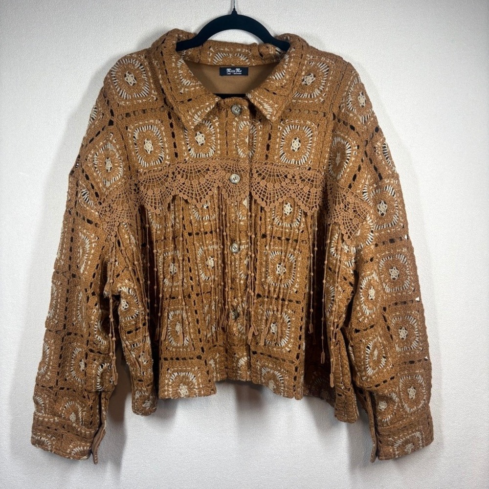 Miss Me Crochet Granny Square Fringe Jacket Western Boho Coastal Cowgirl L Brwn